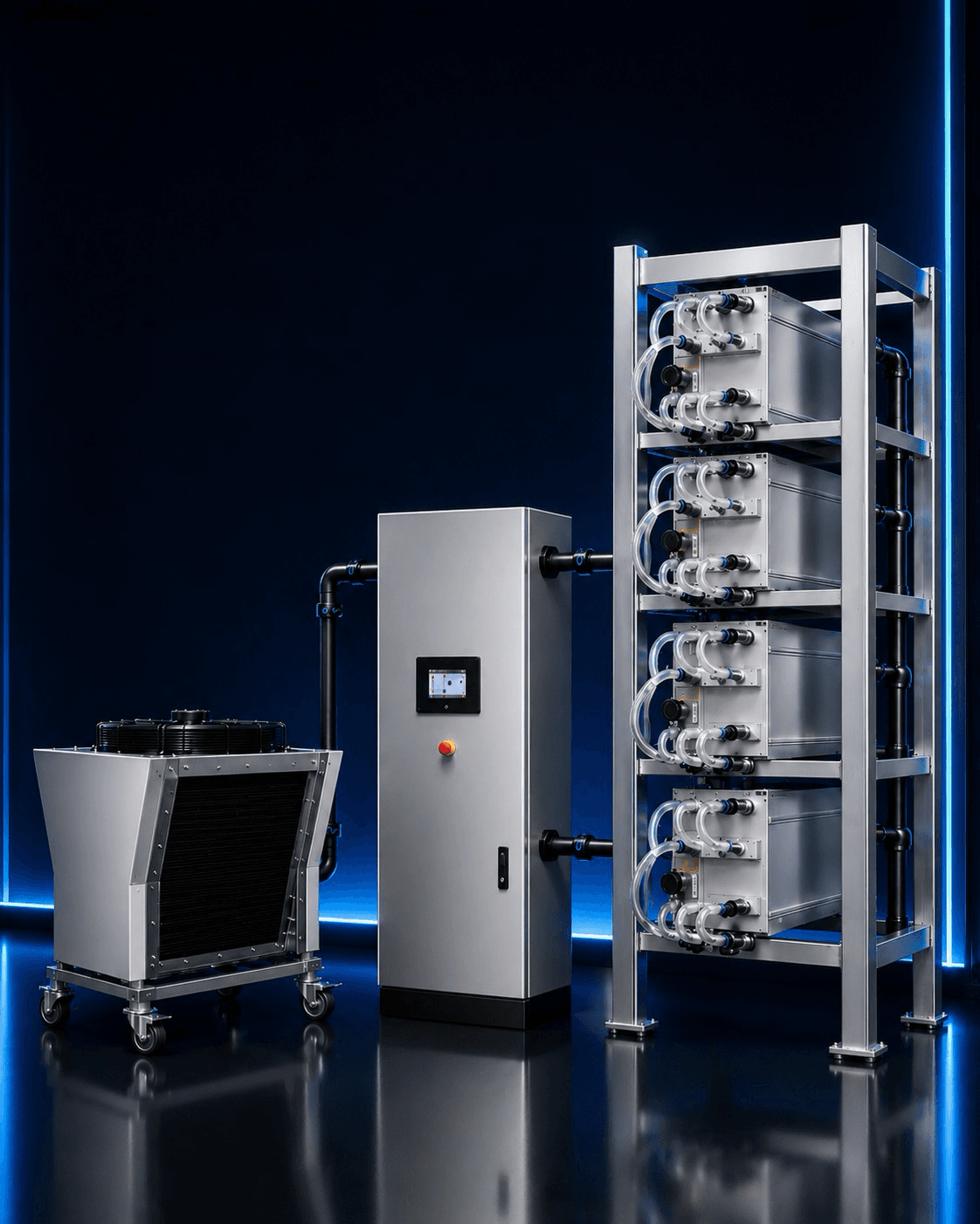 Dahab hydro cooling setup — dry cooler, control cabinet and rack